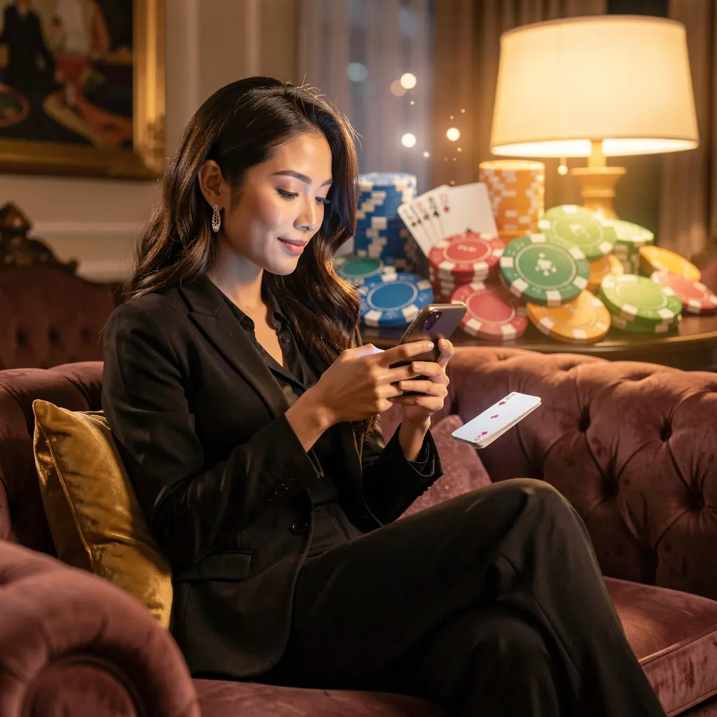 Confident Malaysian woman relaxing on a sofa while using the OMG67my casino app with glowing chips and cards creating a premium mobile gaming mood