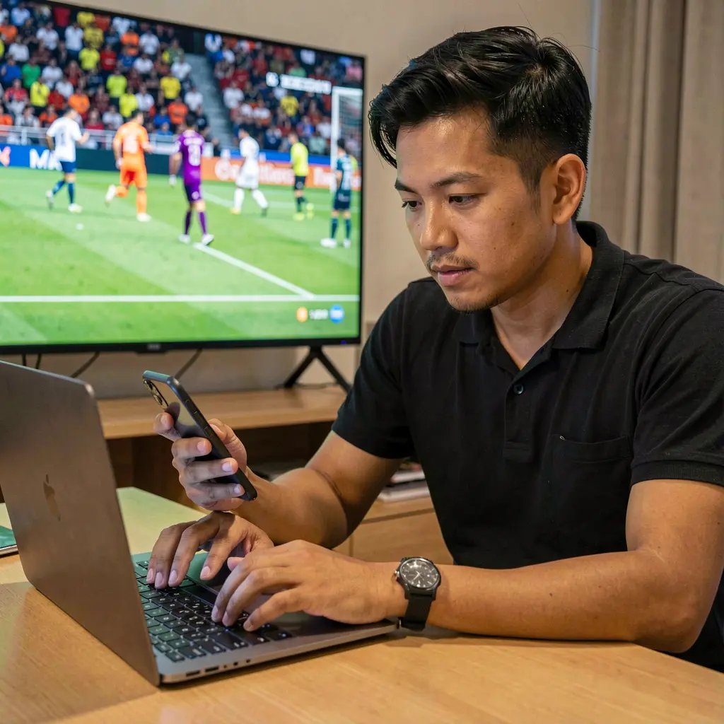 Malaysian bettor placing live sports bets on a laptop and smartphone while watching a football match at home using the OMG67my betting platform