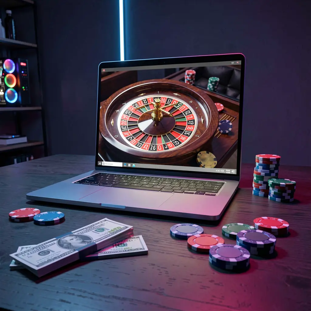 OMG67my – Experience thrilling online casino games with vibrant visuals in Malaysia High energy online casino atmosphere with a laptop displaying roulette and colorful chips illuminated by neon lights representing OMG67my casino in Malaysia