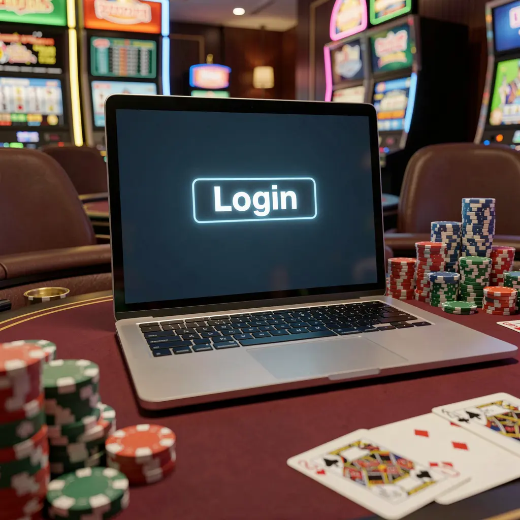 OMG67my Login – Fast and secure access to your gaming account in Malaysia Modern laptop displaying the OMG67my login screen on a luxury casino table with blurred chips and cards creating a secure online gaming atmosphere in Malaysia
