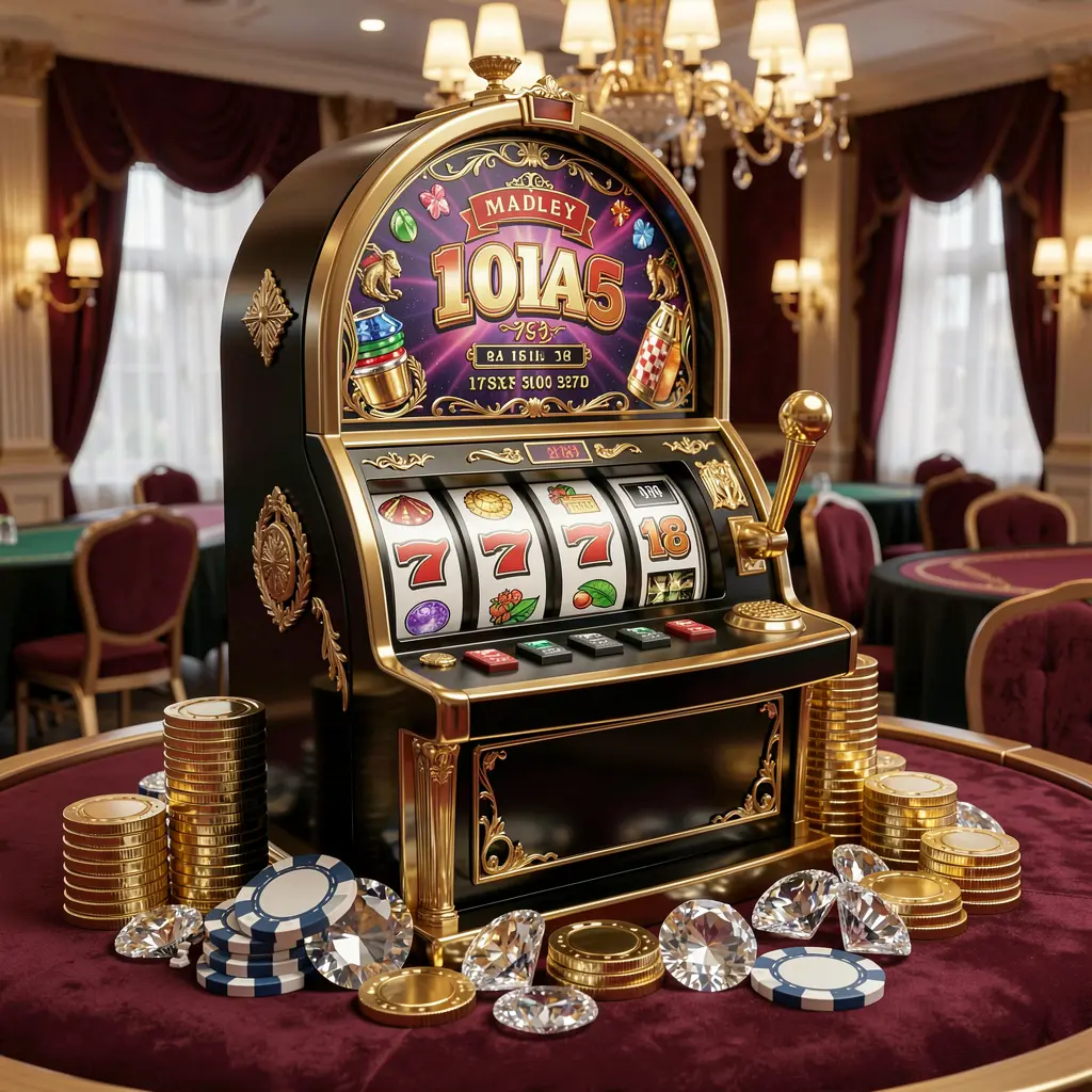 OMG67my – Discover premium slot machines with triple seven excitement in Malaysia Classic slot machine with gold details and triple seven symbols surrounded by casino chips and coins showcasing the premium slot experience at OMG67my for Malaysian players